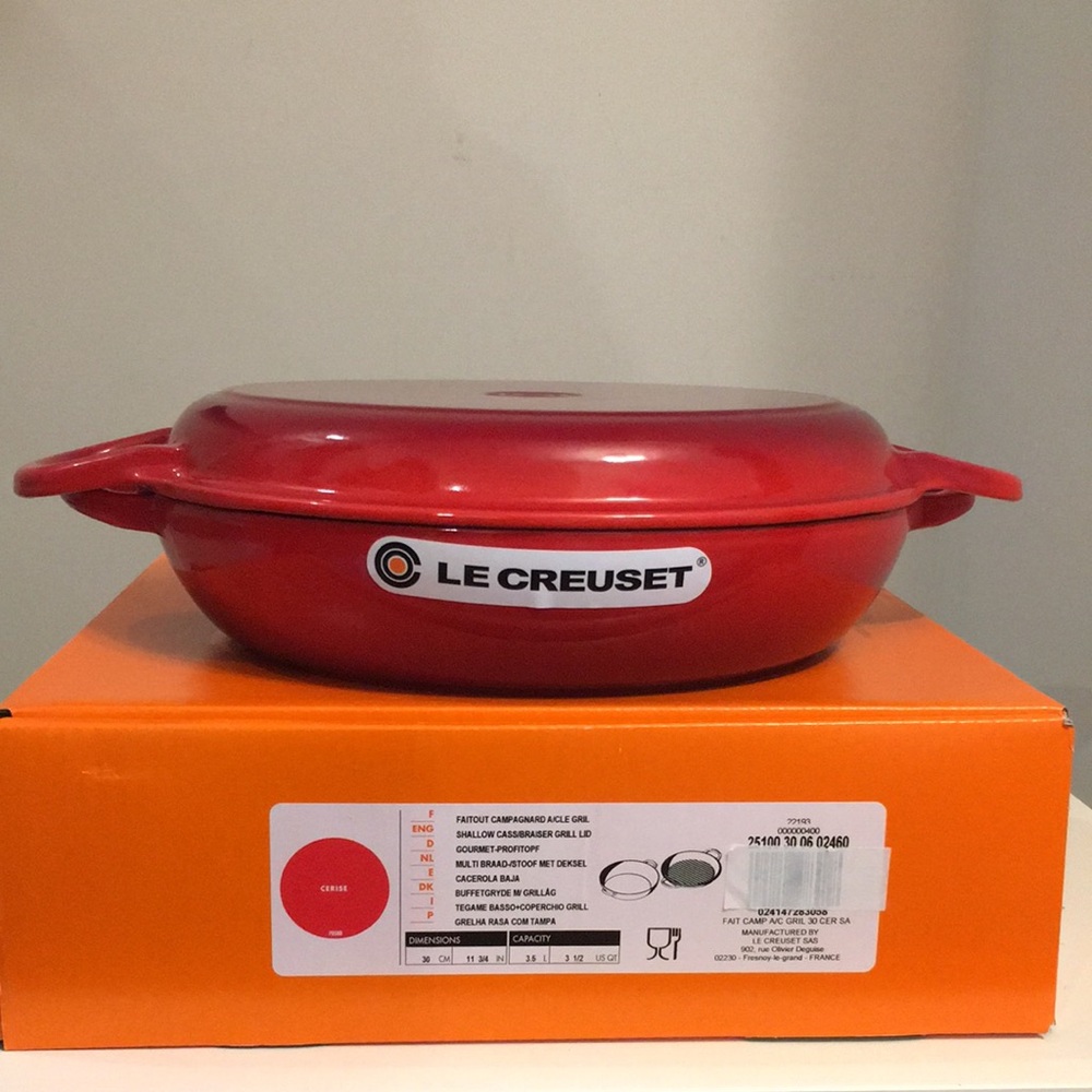 NWT Le Creuset 3.5 Qt Shallow Braiser w/ Grill Lid Cerise Red Cast Iron